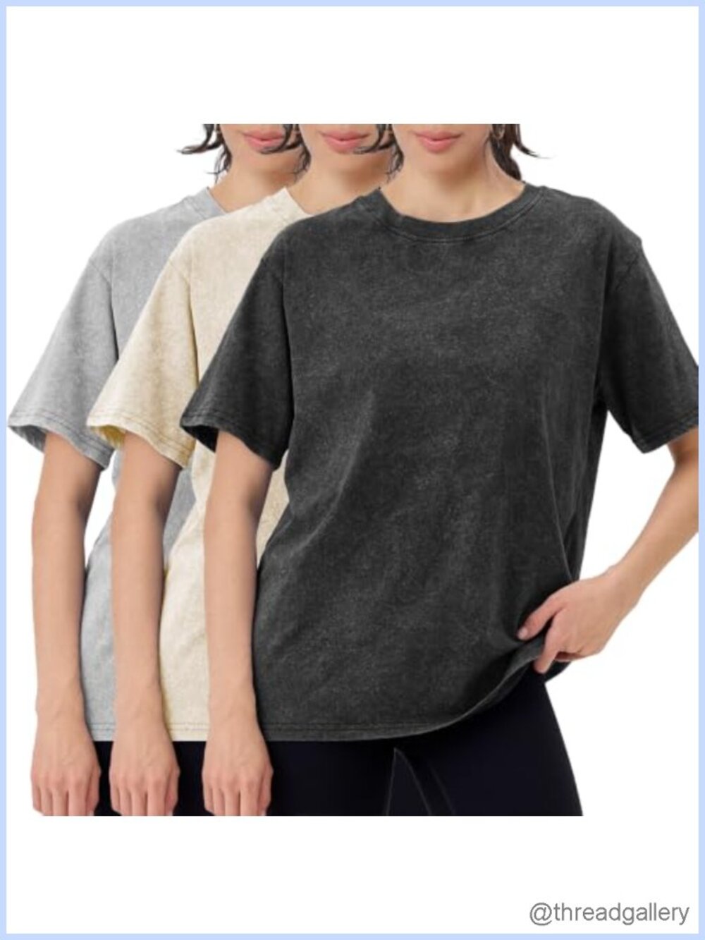 Women's Oversized Acid Washed Cotton T-Shirt 3 Pack Crew Neck Short Sleeve